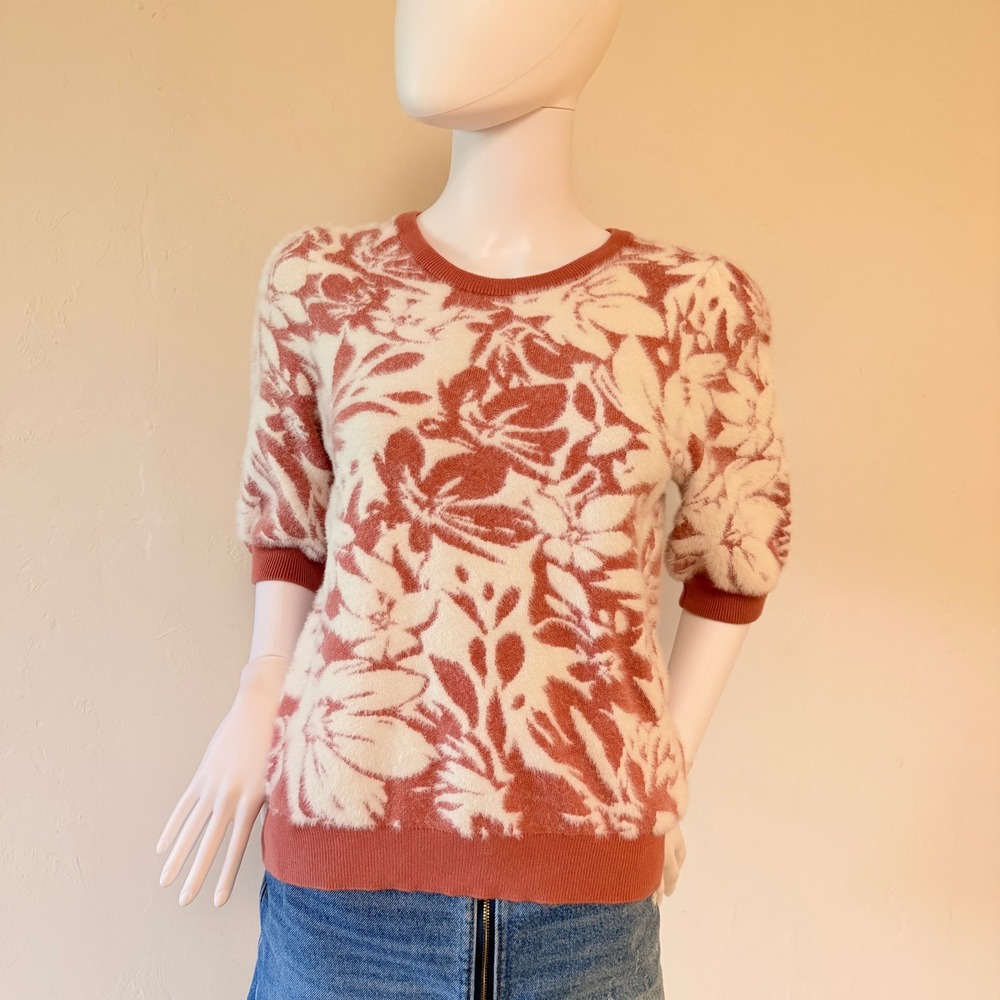 Bailey‎ 44 Womens Floral Fuzzy Knit Short Sleeve Sweater Pink Cream Size M